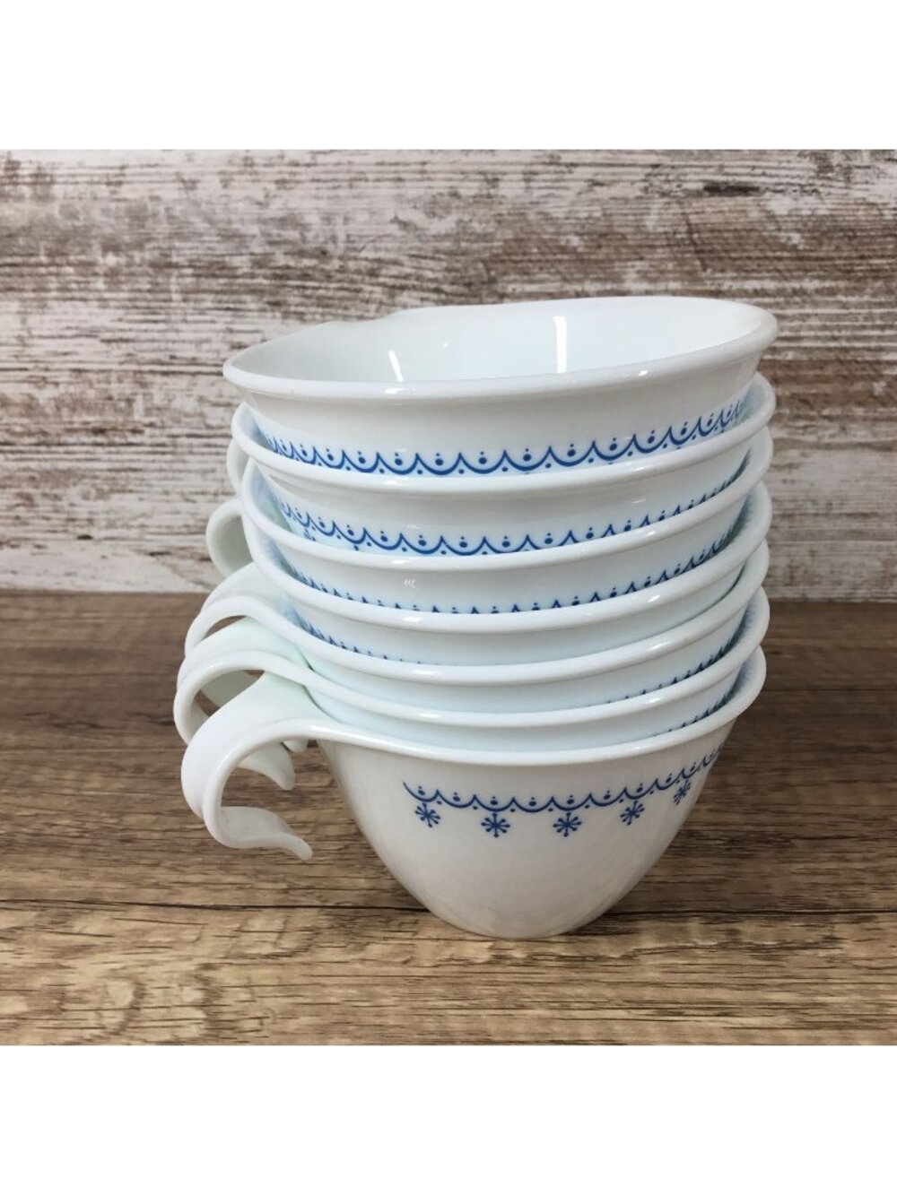 7 Corelle Snowflake Blue Garland Hook Handle Cups Vintage White & Blue Design